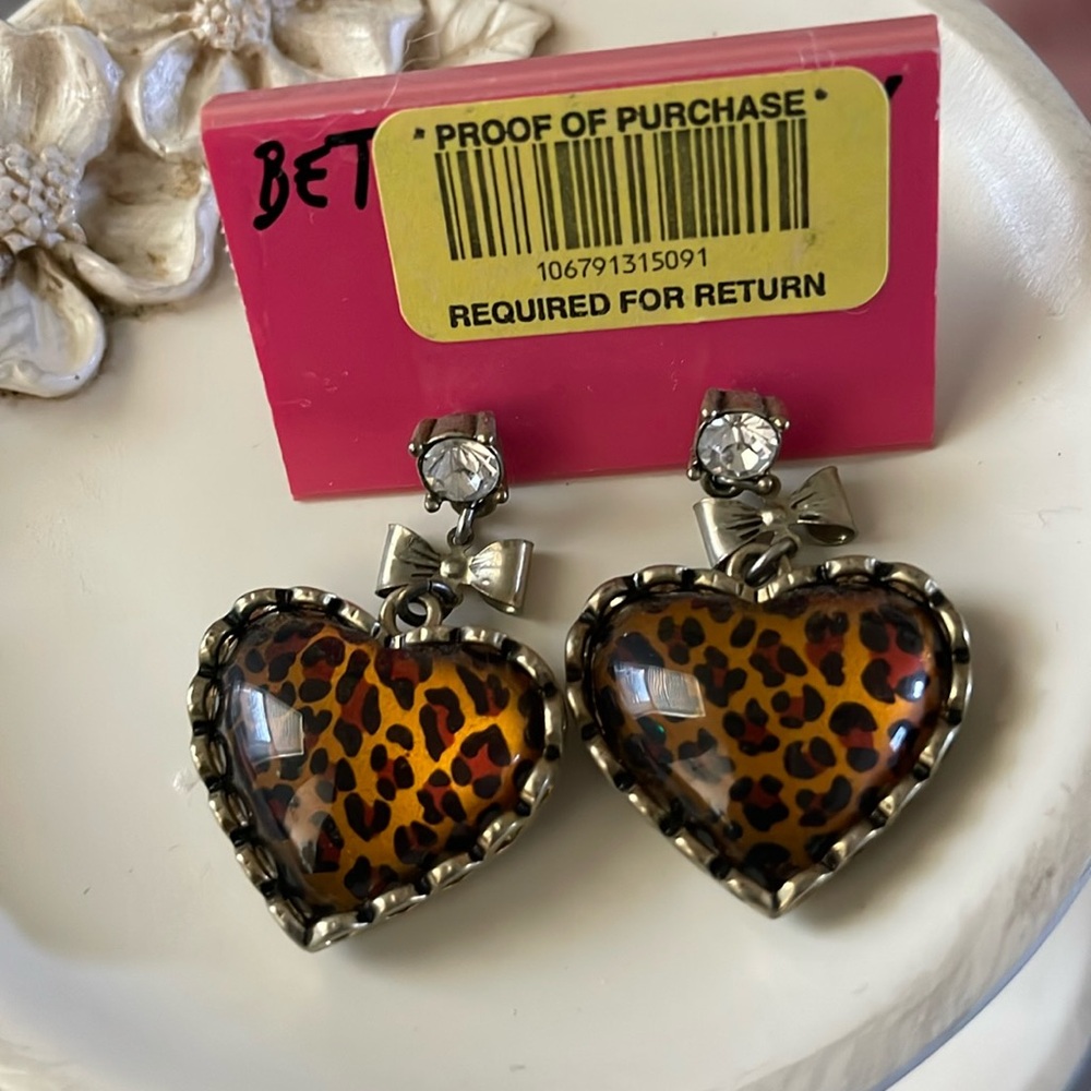 Betsey Johnson Heart Earrings with leopard print